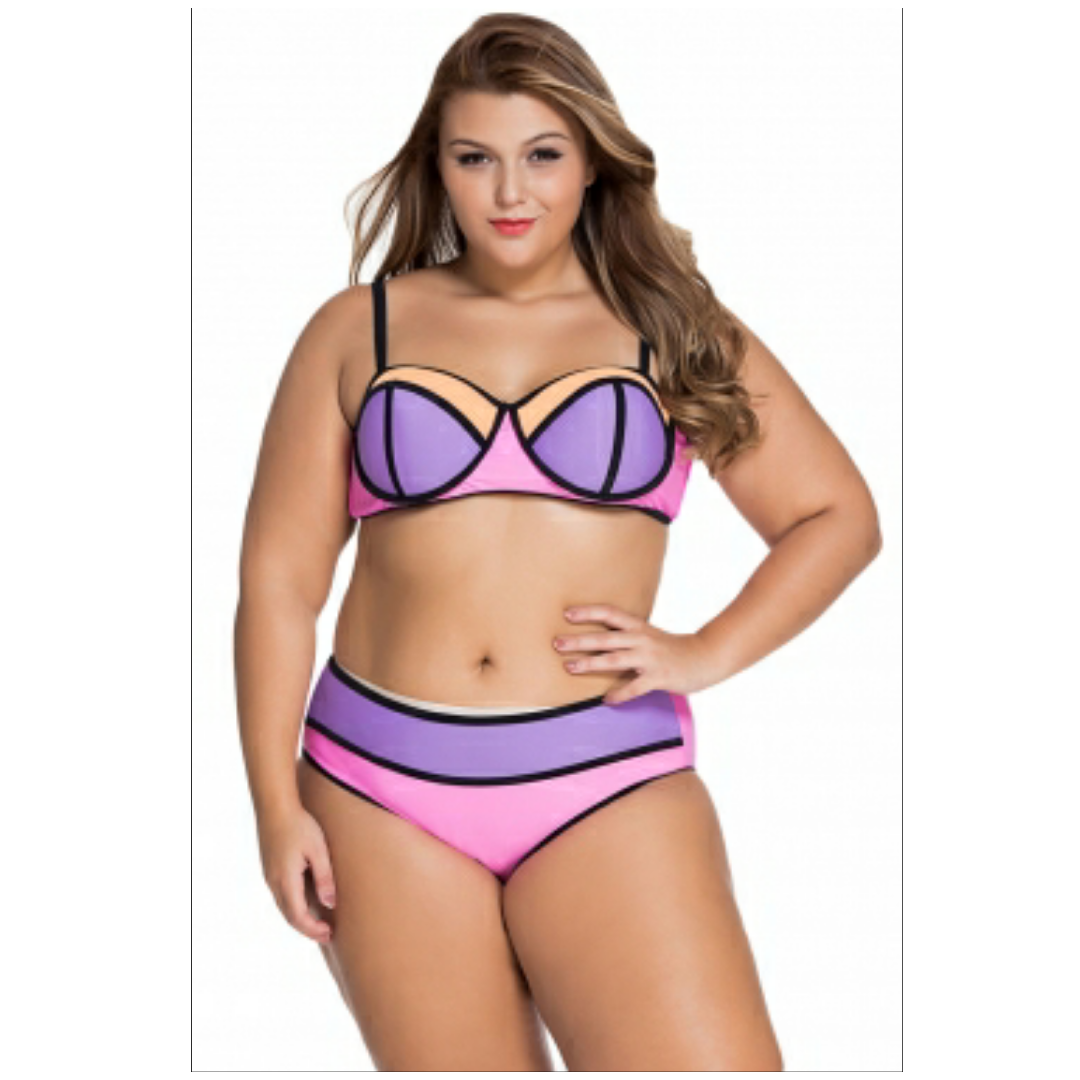 Pink purple vibrant colorblock plus size swimsuit - Emfed
