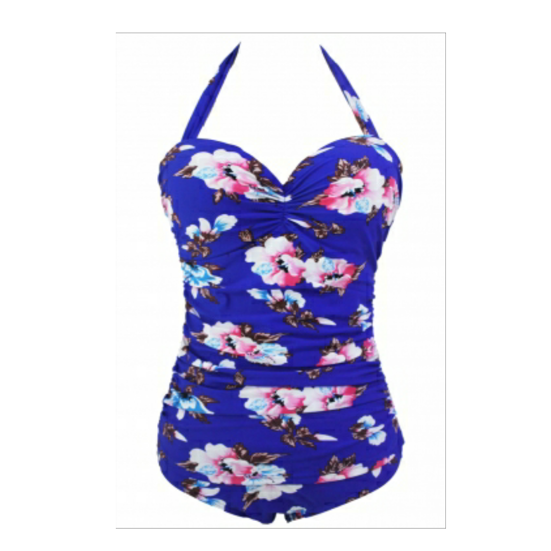 Floral print royal blue retro one piece swimsuit - Emfed