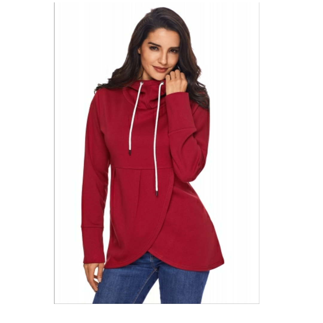 Red casual asymmetric hem pullover hoodie - Emfed