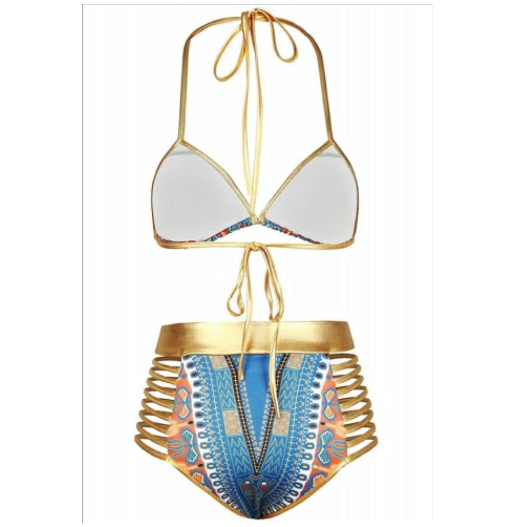 Blue african tribal metallic cutout high waist swimsuit - Emfed