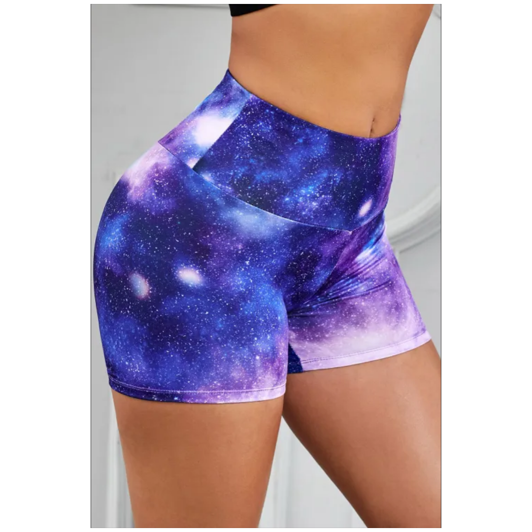 Purple galaxy print booty yoga shorts - Emfed